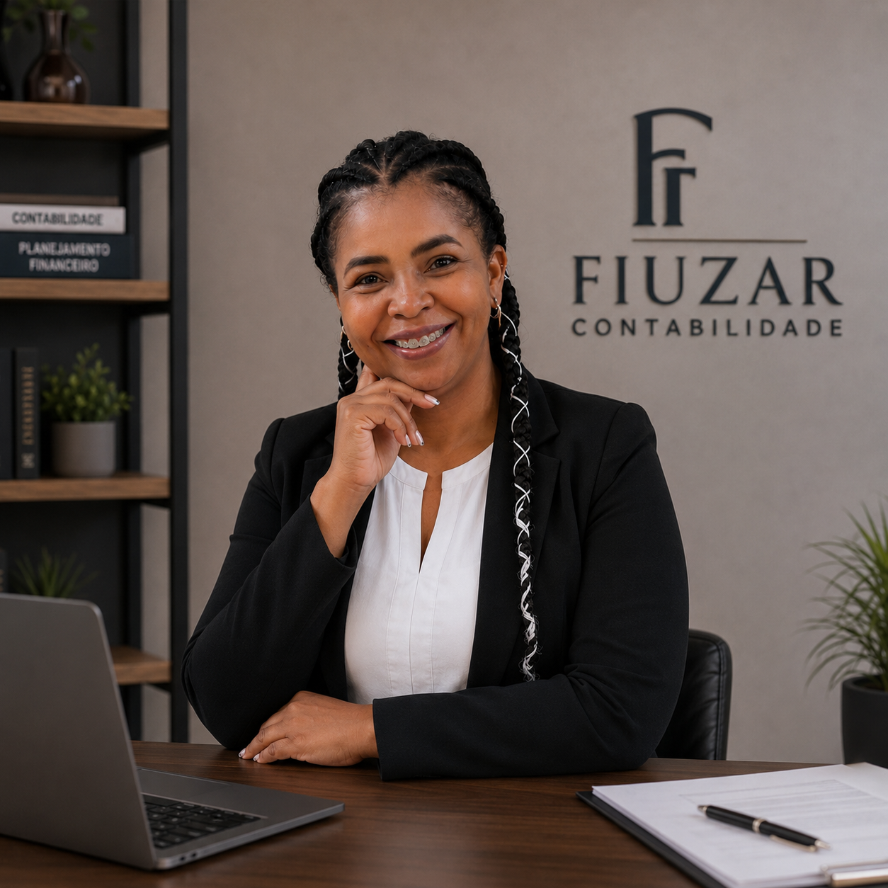 Edlene Fiuza, contadora da Fiuzar, sorrindo no escritório enquanto organiza a rotina fiscal de um cliente no notebook
